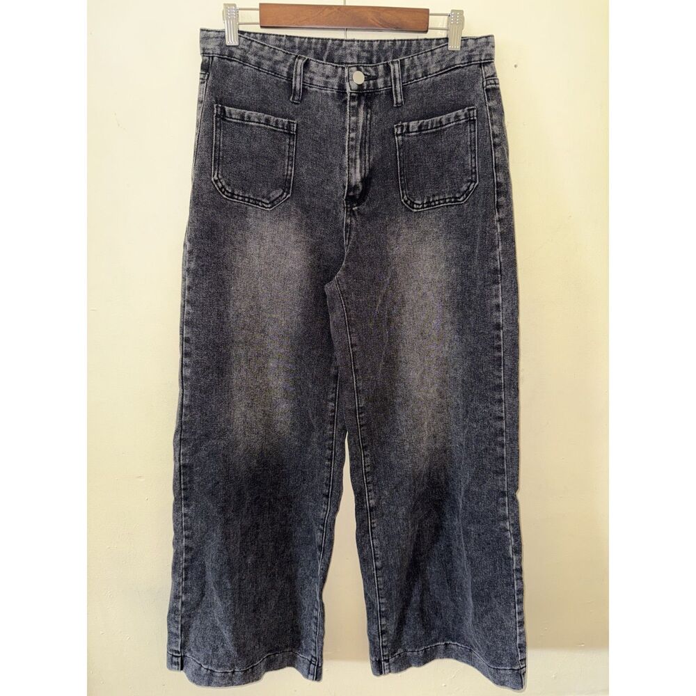 FLVSUN High Rise Wide Leg Jeans Washed Black Patch Pocket Sailor L 8/10